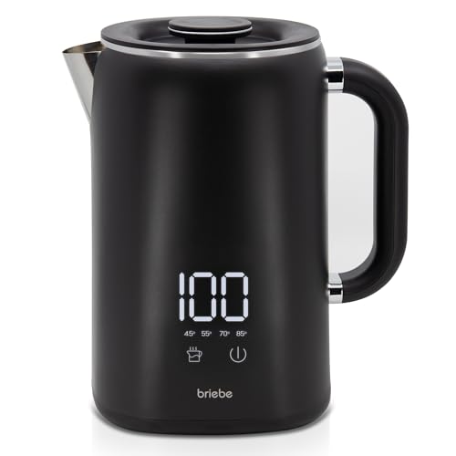 briebe eBoil Hervidor Agua Eléctrico 1,7L Regulador de Temperatura Digital 45°C a 100°C Función Keep Warm, 1500W, Interior Acero Inox, Libre de BPA, Base de 360°, Controlador Strix, Negro