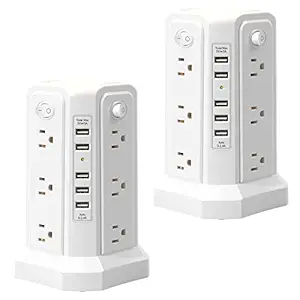 Surge Protector Power Strip Tower with 5 USB Ports and Night Light, 10FT Extension Cord with 12 AC Multiple Outlets, PASSUS Power Tower, Overload Protection for Home Office Dorm Room (2PC-White)