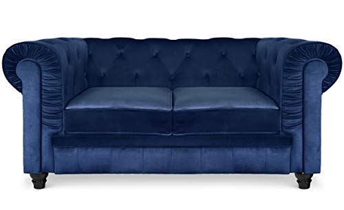 Menzzo Grand Canapé Chesterfield 2-Sitzer Sofa mit Samtbezug Blau
