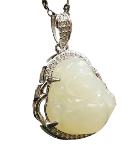Collier feng shui argent pendentif jade hétien bouddha riant femme