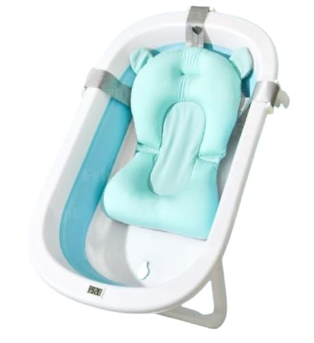 SIzlaho ベビーバスタブ、折りたたみ式、幼児用バスタブ、サポートスポンジ付き、温度計付き、入浴用バスタブ、収納簡単、滑り止めデザイン (ブルー,温度表示+バスマット)