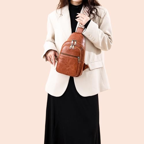 Image of FAYBA Small Sling Bag for Women Crossbody Fanny Pack, PU Leather Wide Guitar Strap Chest Sling Backpack Purse Brown
