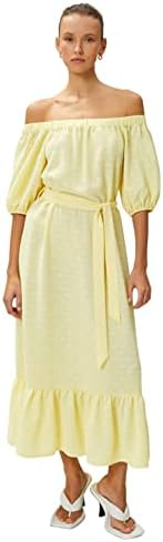 Koton U Yaka Kısa Kollu Desenli Fırfır Detaylı Beli Bağlamalı Maksi Elbise, Kadın, Sarı (153), 34 - Görsel 1