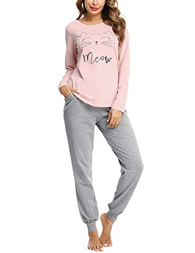 Sykooria Conjunto de Pijama Mujer Algodón de Manga Larga Pijama de Invierno Top y Pantalones Ropa de Dormir Suave para Mujer Pjs Lounge Wear(Rosa,M)