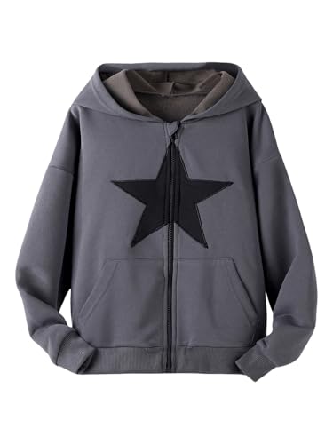 WDIRARA Girl's Star Print Zipper Up Drop Shoulder Hoodie Long Sleeve Cardigan with Pockets