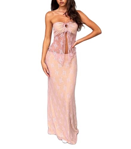 Yuemengxuan Women Going out Maxi Skirts Set Low Cut Lace Trim Cami Top Crop Top High Waist Bodycon Maxi Skirt 2Pcs Outfits