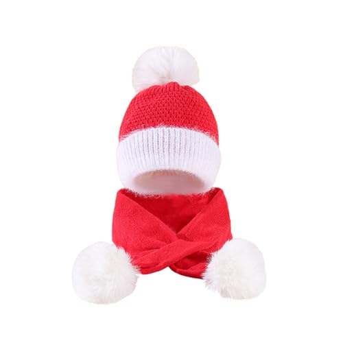 O gorro bebé Natal sólido inverno chapéu cachecol duas peças conjunto de lã de malha chapéu cachecol bebé 1 ano menina, Vermelho