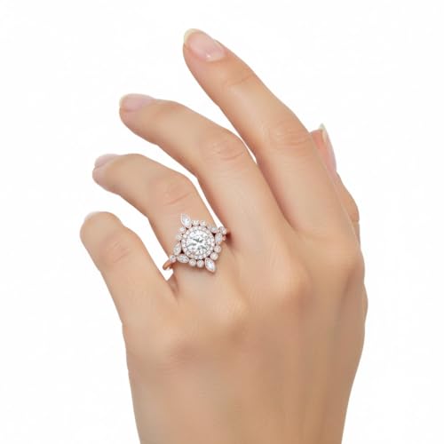 Image of 55Carat Choose Your Gemstone Round Halo Floral Engagement Ring Rose Gold Plated Round Shape Vintage Engagement Rings Everyday Jewelry Wedding Jewelry Handmade Gifts for Wife US Size 4 to 12
