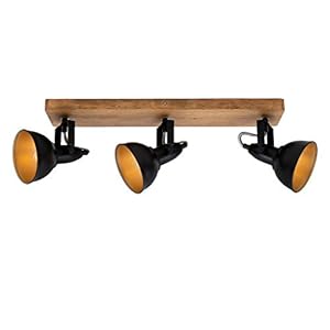 Briloner Leuchten – Luminaire à spots, spot plafonnier rétro, éclairage plafonnier vintage, spots pivotants et orientables, 3x E14, maximum 25 Watt, métal et bois, noir et doré, 500x110x157mm (LxlxH)
