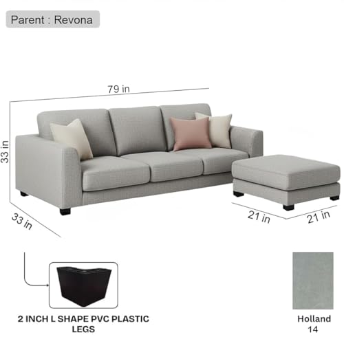 Image of FURNY Revona 4 Seater L Shape Sofa Set with Movable Ottoman | Flexible Left or Right Layout | Plush Velvet Fabric (Light Grey) | Perfect for Living Room, Guest Room & Office