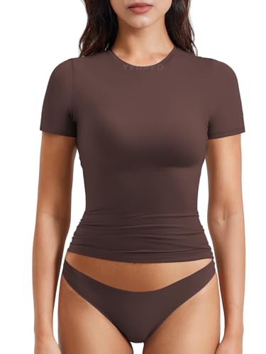 YEOREO Women Fitted Workout Tops Short Sleeve Double Lined Basic Y2K Going Out Crew Neck Compression Crop Top Coffee S