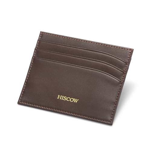 Image of HISCOW Slim Full Grain Leather Card Holder, Coffee | Men's minimalist EDC wallet, front pocket carry, 6 credit card slots & center pocket, fits folded bills, premium gift box