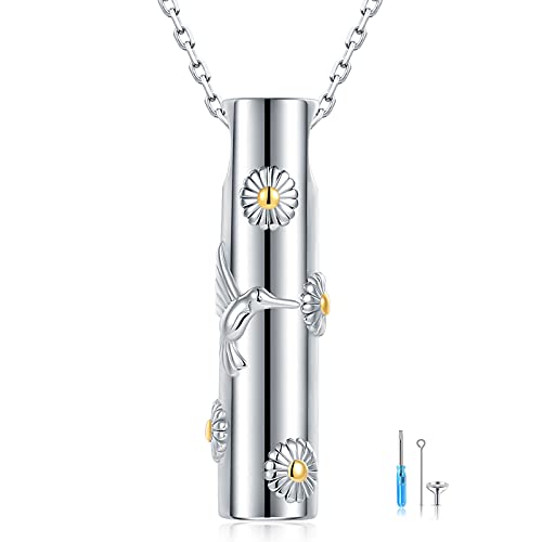 925-Sterling-Silver Rotatable Urn Necklaces for Ashes - Hummingbird/Dragonfly/Sunflower/Bellflower Bar Cremation Pendant Necklace,18k White Gold Plated Memorial Keepsake Jewelry Gifts for Women (Dragonfly and Sunflower)