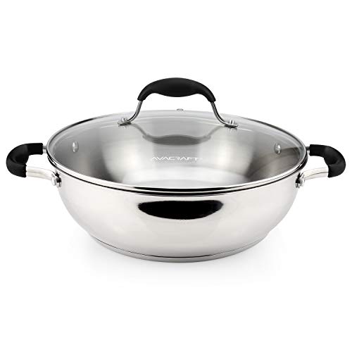 Comparison: Best Steel Curry Pan 10 AVACRAFT 18/10 Stainless Steel Everyday Pan with Five-Ply Base, Stir Fry Chef’s Saute Pan with Glass Lid, Multipurpose Stewpot Skillet, Casserole in Pots (11 Inch)