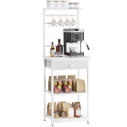 YMYNY Étagère de Cuisine, Porte-Café en Bois à 5 Niveaux, Rangement pour Machine à Café, Organisateur avec 8 Crochets, Tiroirs en Tissu, pour Salon,...