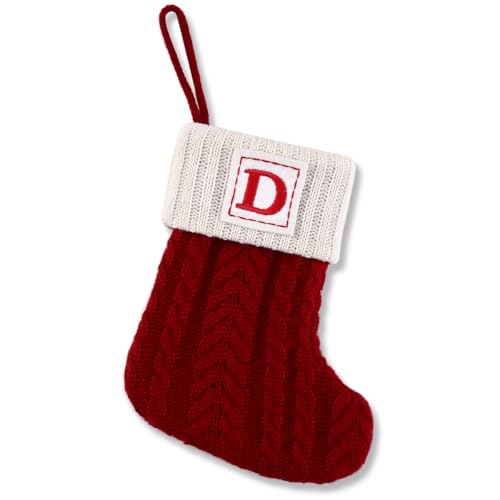 CRSMHLPK 8 Inch Mini Initial Christmas Stocking Monogram Embroidered Christmas Stocking Red,White,Green Knitted Handmade Small Christmas Stocking Decorations-Red-D-C10