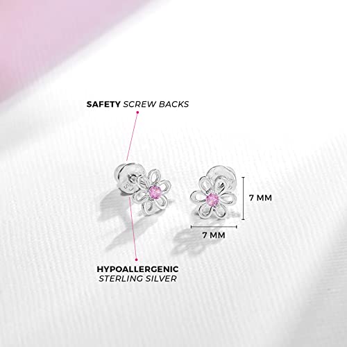 Image of In Season Jewelry CZ Flower Kids Earrings - 925 Sterling Silver Hypoallergenic Earrings for Girls with Secure Screw Backs - Safe & Comfortable for Toddlers, Kids & Little Girls