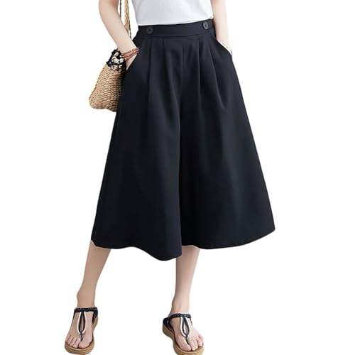 chouyatou Women's High Elastic Waisted Wide Leg Capris Business Casual Cropped Culotte Pants with Pockets