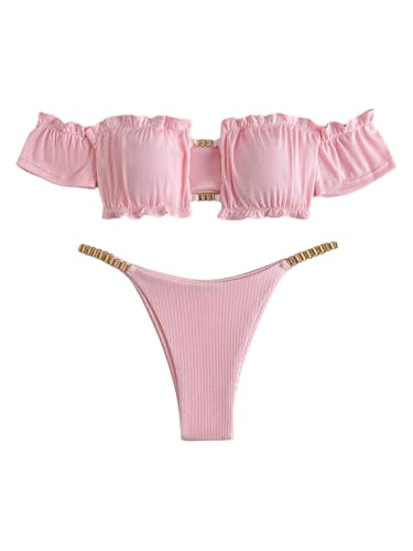 MakeMeChic Women's Bikini Sets Bandeau Chain Frill Trim Rib Knitted Bathing Suit