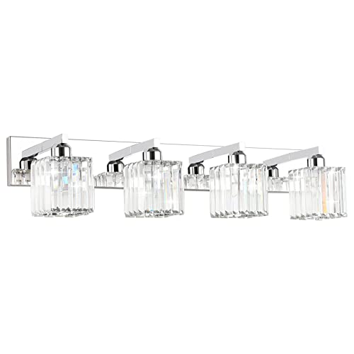 Image of Aipsun Bathroom Light Fixtures Crystal Modern Vanity Lighting Fixtures 4 Light Chrome Bathroom Vanity Light (Exclude Bulb)