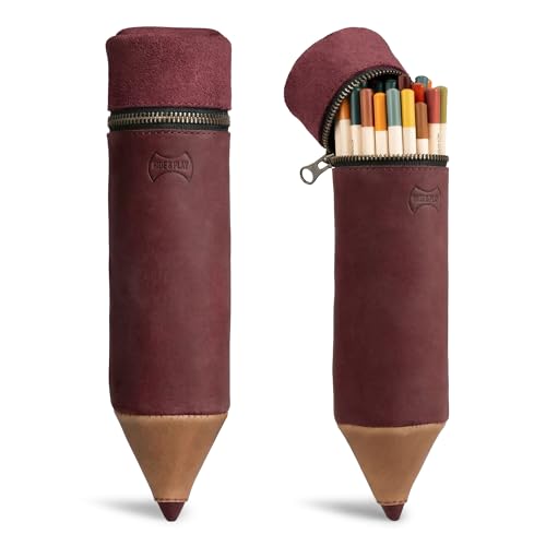 Image of Hide & Play, Pencil-Shaped Case for Pens, Pencils, Markers, and Office Accessories, Zippered Bag, Pen Storage, Full Grain Leather, Handmade (Sangria)