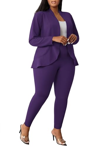 Aro Lora Womens Plus Size 2 Piece Outfits Pantsuits Long Sleeve Ruffle Irregular Hem Open Front Blazer Pant Set2