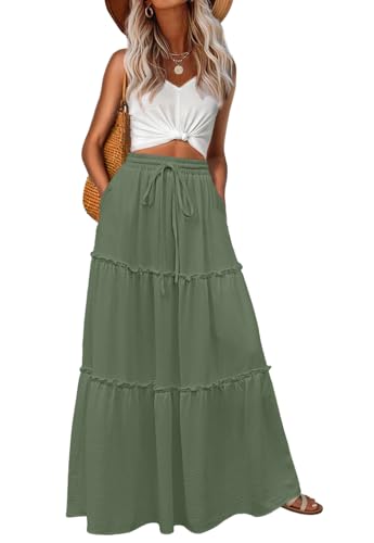 Image of Lepunuo Womens Casual Boho High Waisted Flowy Maxi Skirts Tiered Floral Long Skirts with Pockets for Summer Beach Vacation