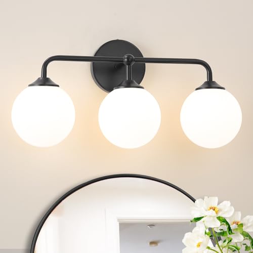 Image of Black Bathroom 3-Lights Vanity Light Fixtures, Minimalist Vanity Lights with Milky White Glass Shade, Modern Wall Sconces over Mirror, Wall Lamp for Bathroom Dressing Table Bedroom Living Room