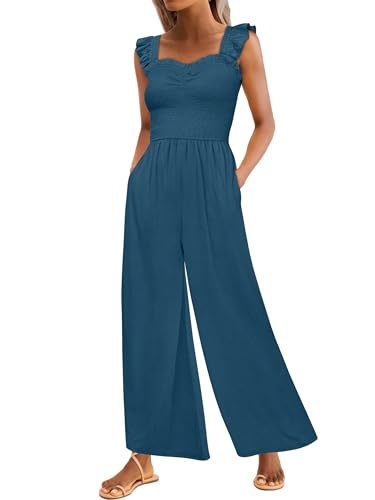 Caracilia Womens Jumpsuit Sleeveless Casual Dressy Smocked Wide Leg Rompers Summer Vacation Jumpers with Pockets 2026 Outfits Teal Blue X-Large