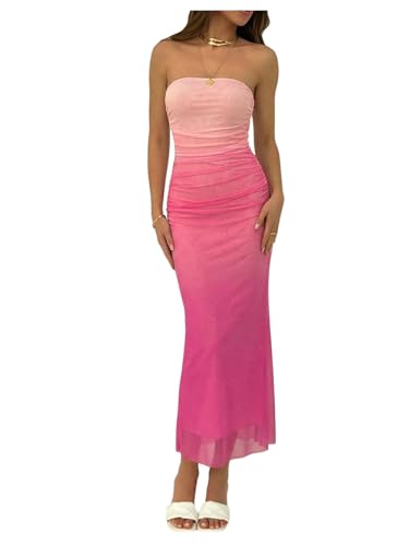 Image of GORGLITTER Women's Sunset Ombre Strapless Cocktail Bridal Shower Midi Dress | Orange Wedding Guest Dress, Mesh Tube Dress, Bridesmaid Dresses, Vacation Beach Sundresses,
