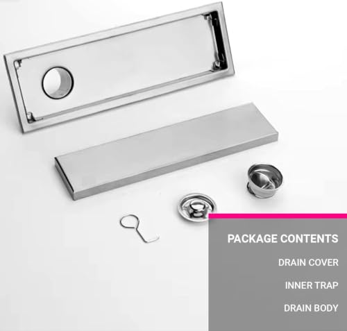 Image of Tile Insert Shower Drain Channel 12 x 4 Inch Invisible Floor Drain with Cockroach Trap 304 Stainless Steel Drain Jali Covered with Collar Side Outlet Compatible with 13mm Tiles