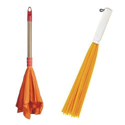 VIMAL Combo Set of TinTin 20 Inch Plastic Broom for Bathroom Wet Floor Cleaning + Duster Dust Mop (Hi-density Dusting Cloth with Handle) Orange Colour Flannel Cloth Stick for Home/Shop/Office Cleaning