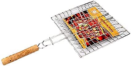 JUZR Stainless Steel Portable Barbecue BBQ Roast Grilling Tray Plated with Wooden Handle | 39 X 21 X 1 cm | Silver