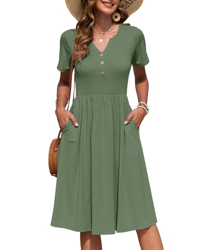 AUSELILY Damen Kurzarm Sommerkeider Knielange Sommer Kleider V-Ausschnitt mit Knöpfen Empire Midikleid mit Taschen Olivgrün L