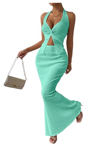 Image of SOLY HUX Women's Two Piece Outfits Twist Front Halter Cami Tops and Skirt Summer Set