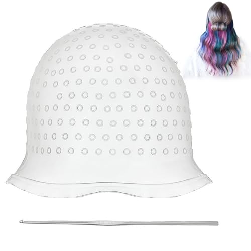 Gorro Mechas Peluqueria de Silicona, Cabello Gorro de Tinte de Silicona, Gorras de Tinte Para el Cabello, Gorro de Peluquería de Silicona, Con 1pz Aguja de Gancho de Metal (Blanco)
