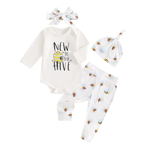 Image of Chloefairy Newborn Baby Boy Girl Clothes Bumble Bee New to the Hive Bodysuit Pants Hat Headband 4Pcs Fall Coming Home Outfit