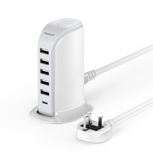 USB Charging Station for Multiple Devices 40W, TESSAN Charging Tower with 6 USB Ports (1 USB C), 1.5M Tower Extension Lead for Phone Tablet Earphone Charger, Home Travel Office Accessories
