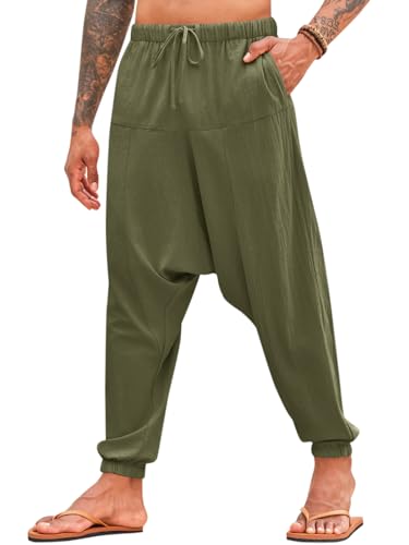 PASLTER Mens Harem Pants Baggy Casual Cotton Linen Boho Yoga Drop Crotch Hippie Trousers