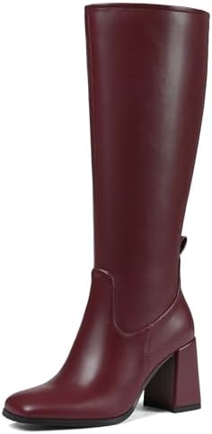 Knee High Boots for Women Square Toe Chunky Block Heel Long Boots Side Zipper Tall Boots Comfortable High Heel Boot