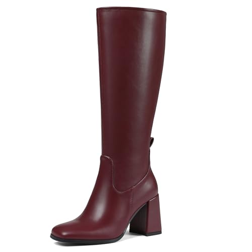 Attiposh Knee High Boots for Women Square Toe Chunky Block Heel Long Boots Side Zipper Tall Boots Comfortable High Heel Boot