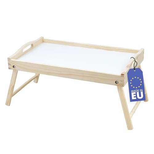 Rubberneck Betttablett aus Birkenholz, mit klappbaren Beinen, als Frühstückstablett und Serviertablett für Frühstück im Bett, Natur/Weiß