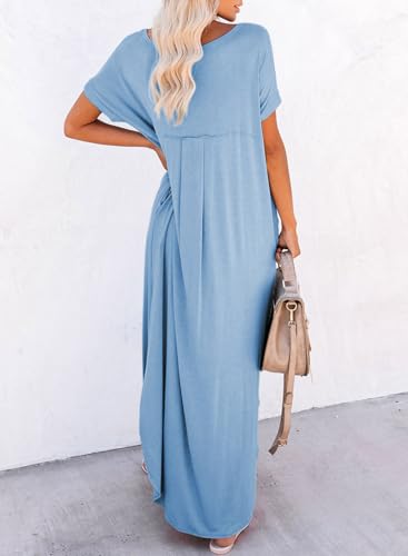Image of Dokotoo Womens Casual Maxi Dress Summer Dresses Swimsuit Coverups for Women Long T Shirt Dress Short Sleeve Solid Color Sundress Plus Size Blue Dresses XL