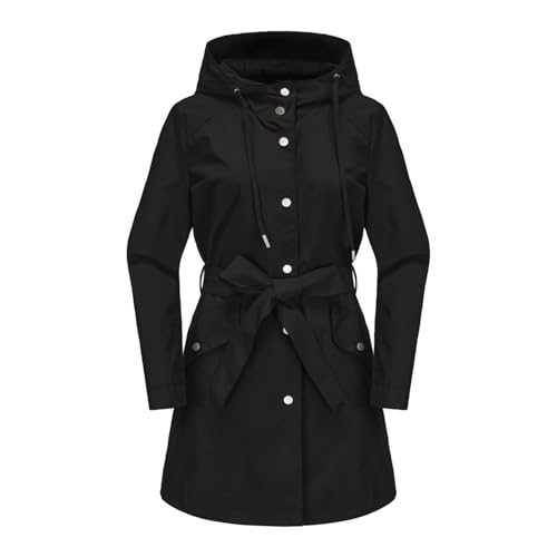 Amtopiyo Damen Trenchcoat mit Kapuze, wasserabweisend, mittellang, mit verstellbarem Gürtel und Seitentaschen, Schwarz, Groß