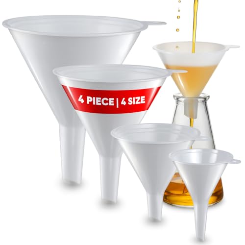Image of Plastic Funnel for Automotive Use - Kitchen Funnels for Filling Bottles, Jars, Containers or Lab Use - Oil Funnel for Gas, Car Oil, Lubricants and Fluids (White-4 Pack)