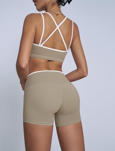 OMEWEE Workout sets for women 2 piece: Fashion contrasting lines Sports Bra and Tummy Control Butt-lifting Shorts linen color M — view 3