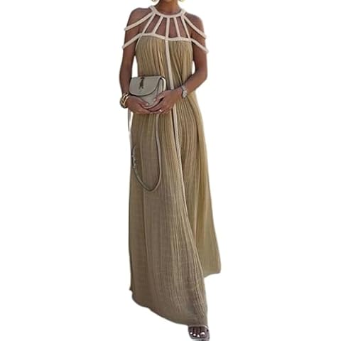 Women's Sexy Spaghetti Strap Backless Maxi Dress Bodycon Summer Party Cocktail Formal Halter Long Dress Party (Khaki) Cover