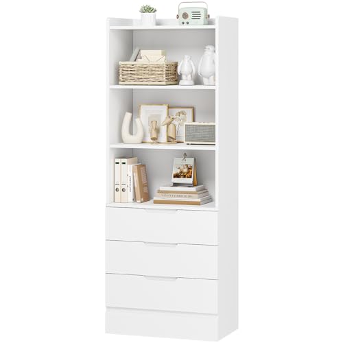 DICTAC 73.23” Tall Storage Cabinet Bookcase with 3 Drawers and 3-Tier Open Shelves Wooden Bookshelf Kitchen Pantry Storage Organizer Cabinets for Living Room, Study, Kitchen,Bathroom,White