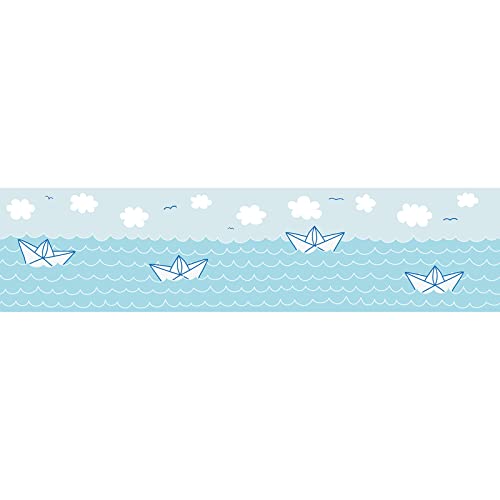 BRICOFLOR Frise papier peint bord de mer Jolie frise papier peint bleue pour les enfants Frise murale idéale pour une chambre de bébé