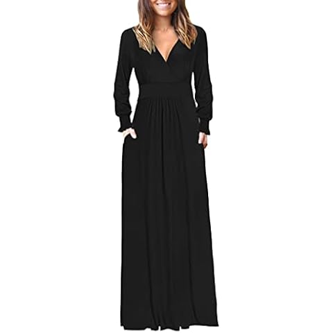 WNEEDU Ladies Long Sleeve Black Maxi Dress Puff Wrap V Neck Long Maxi Dresses with Pockets for Women UK(Black,M) Cover